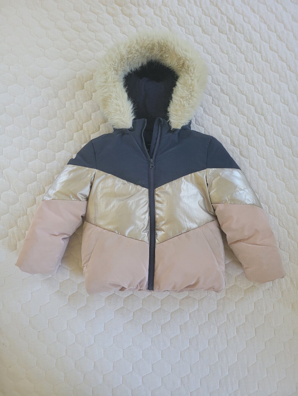 Jacket Winter Kids Girl 6Y Faux-Fur Hooded Puffer - Navy, Silver & Blush